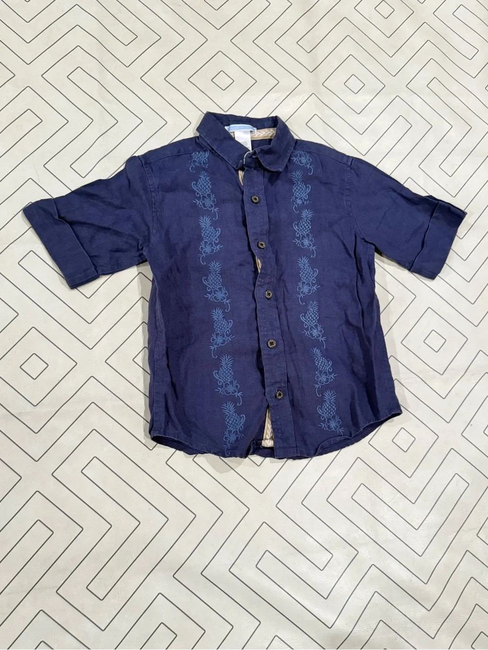 Janie and Jack Blue Short-Sleeve Button-Up Shirt with Hawaiian Embroidery